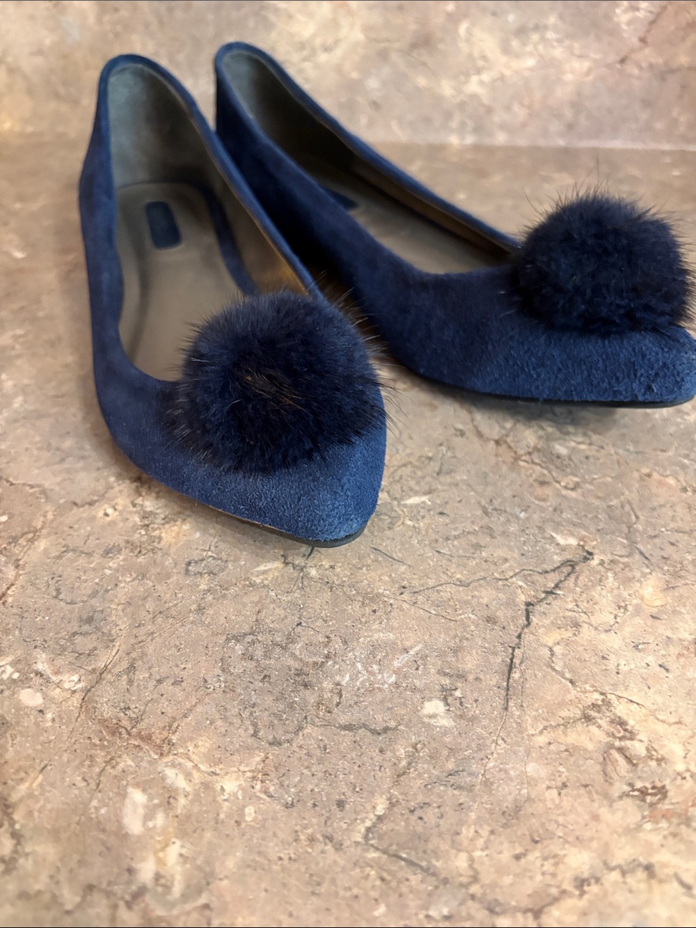 mark. Navy Suede Pointed Pom-Pom Flats
